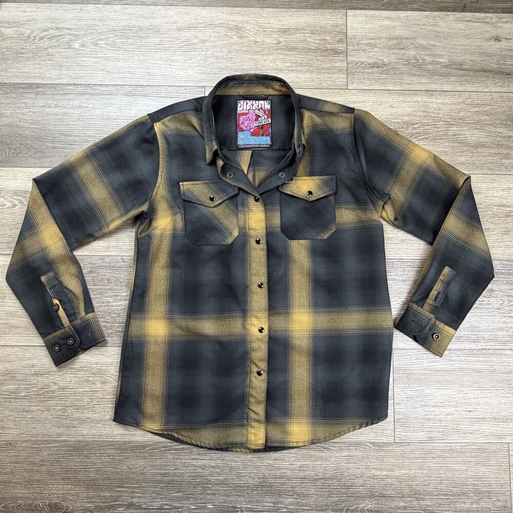 Dixxon Flannel Shirt Mens Large Gray Yellow Plaid Snap Front Long Sleeve